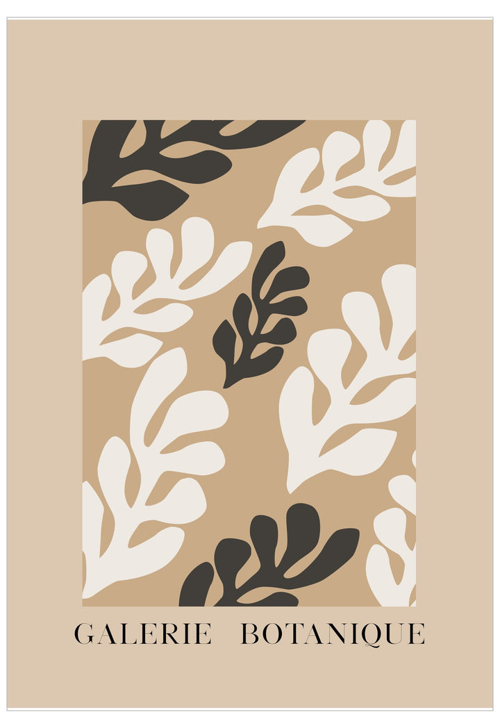 Beige poster with black and white leaf pattern and 'Galerie Botanique' text