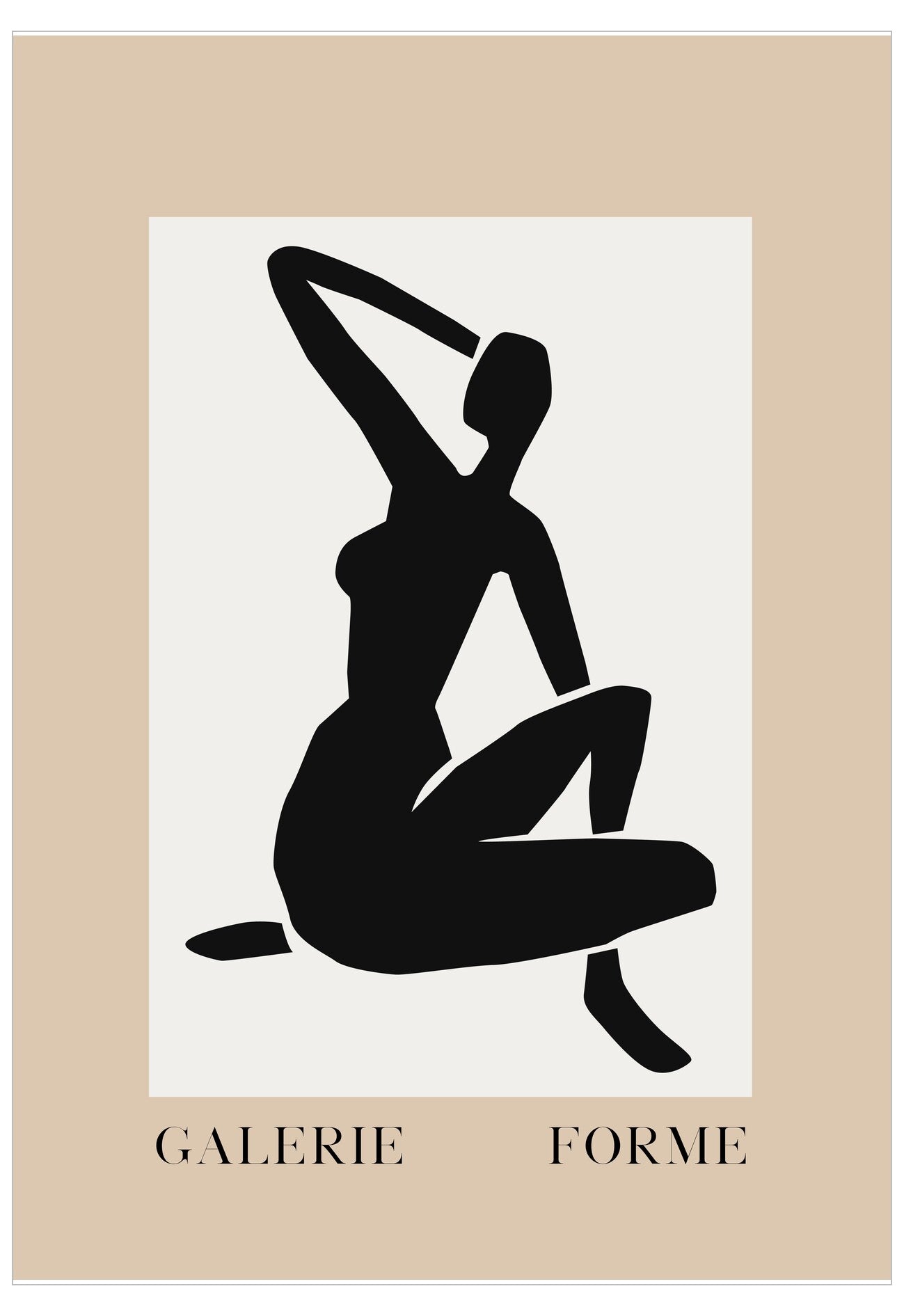 Black silhouette of a woman sitting with arms raised on a white background, framed by 'Galerie Forme'.
