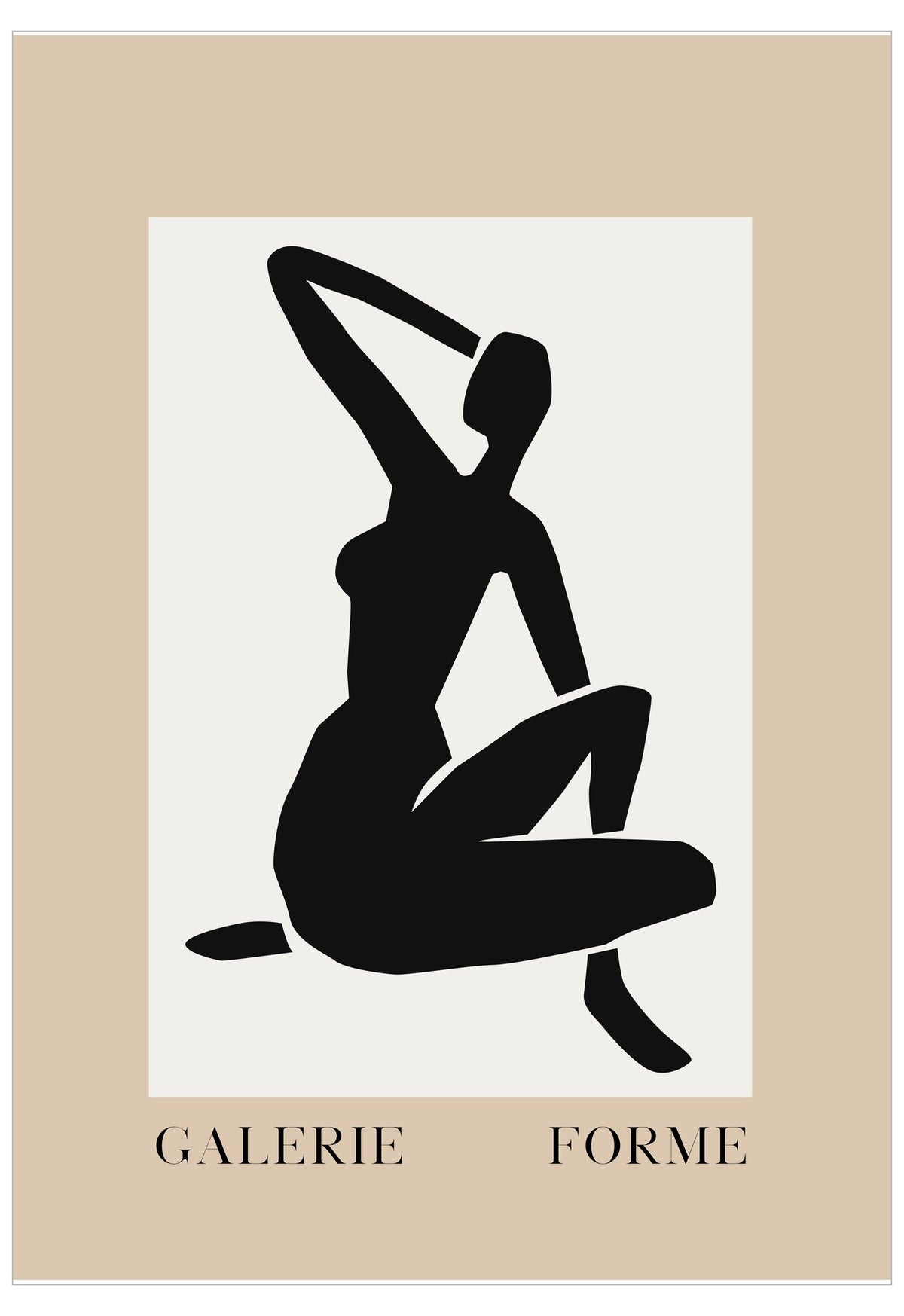 Black silhouette of a woman sitting with arms raised on a white background, framed by 'Galerie Forme'.