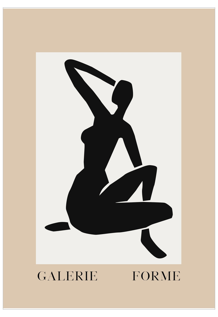Black silhouette of a woman sitting with arms raised on a white background, framed by 'Galerie Forme'.