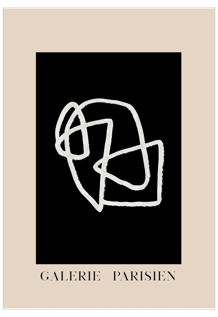 Abstract white line art on a black background with 'Galerie Parisien' text at the bottom.