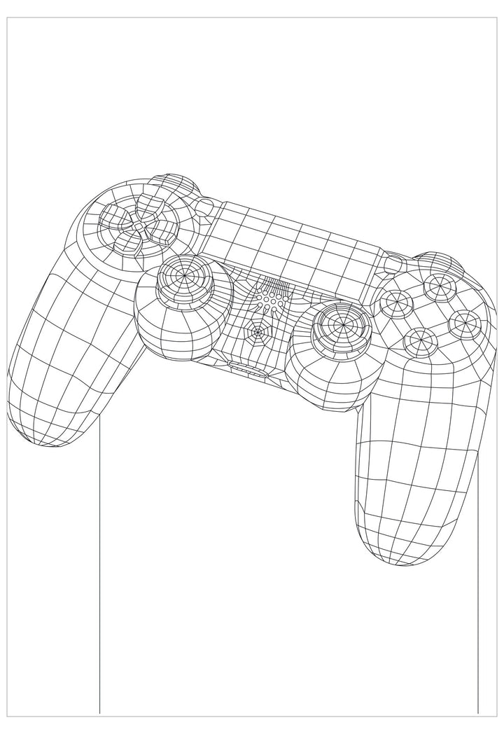 Black and white wireframe drawing of a gaming controller on a white background