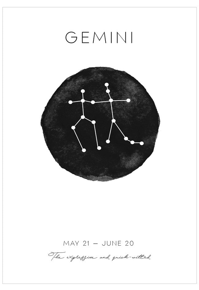 Astrological poster for Gemini with black circle and constellation design on white background
