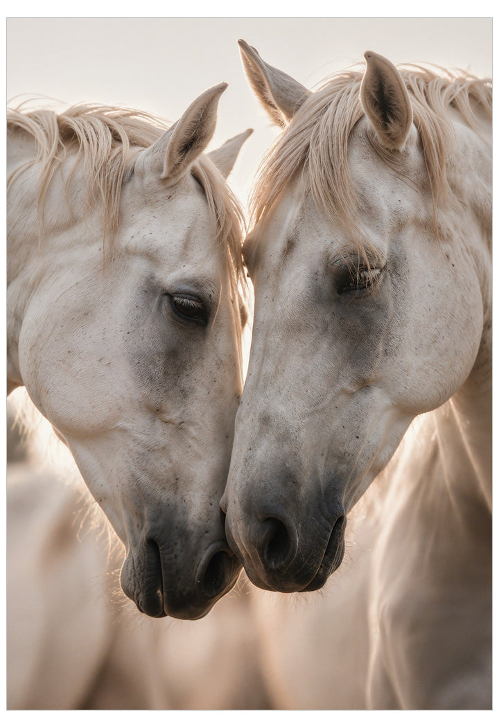 Gentle Horses Poster featuring two white horses resting their heads closely together in soft golden light and warm neutral tones.