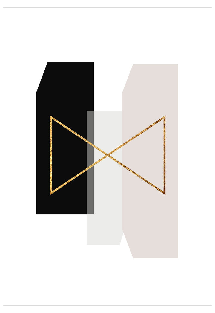 Three geometric shapes with gold lines on a white background