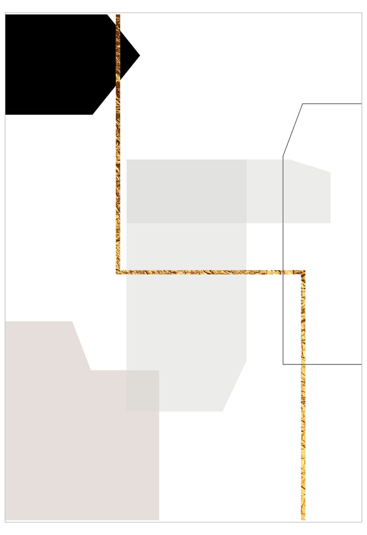 Abstract design with geometric shapes in black, white, and gold on a white background