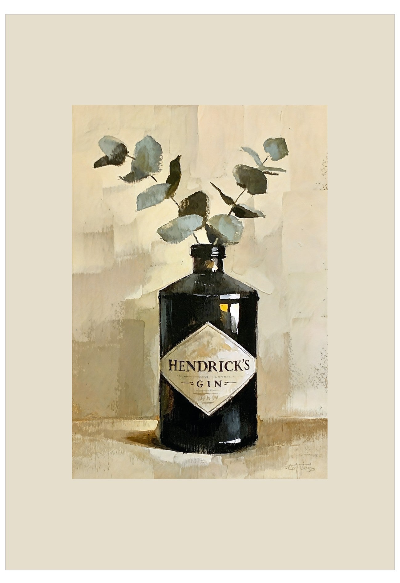 Bottle of Hendrick's Gin with decorative elements on a neutral background
