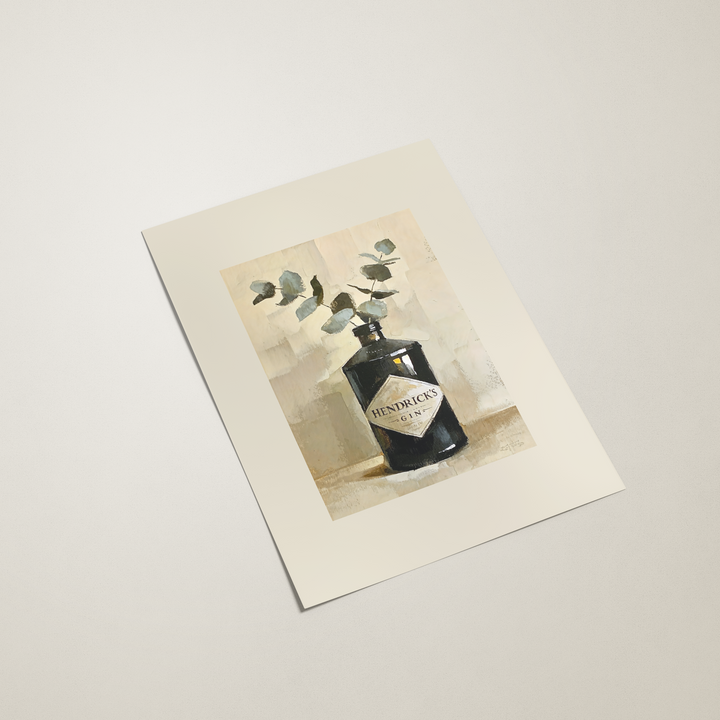 Decorative print with a bottle and plants on a beige background