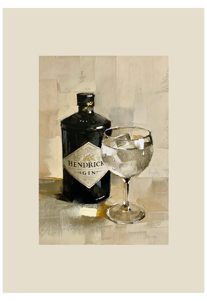 Bottle of Hendrick's Gin with a glass on a textured surface