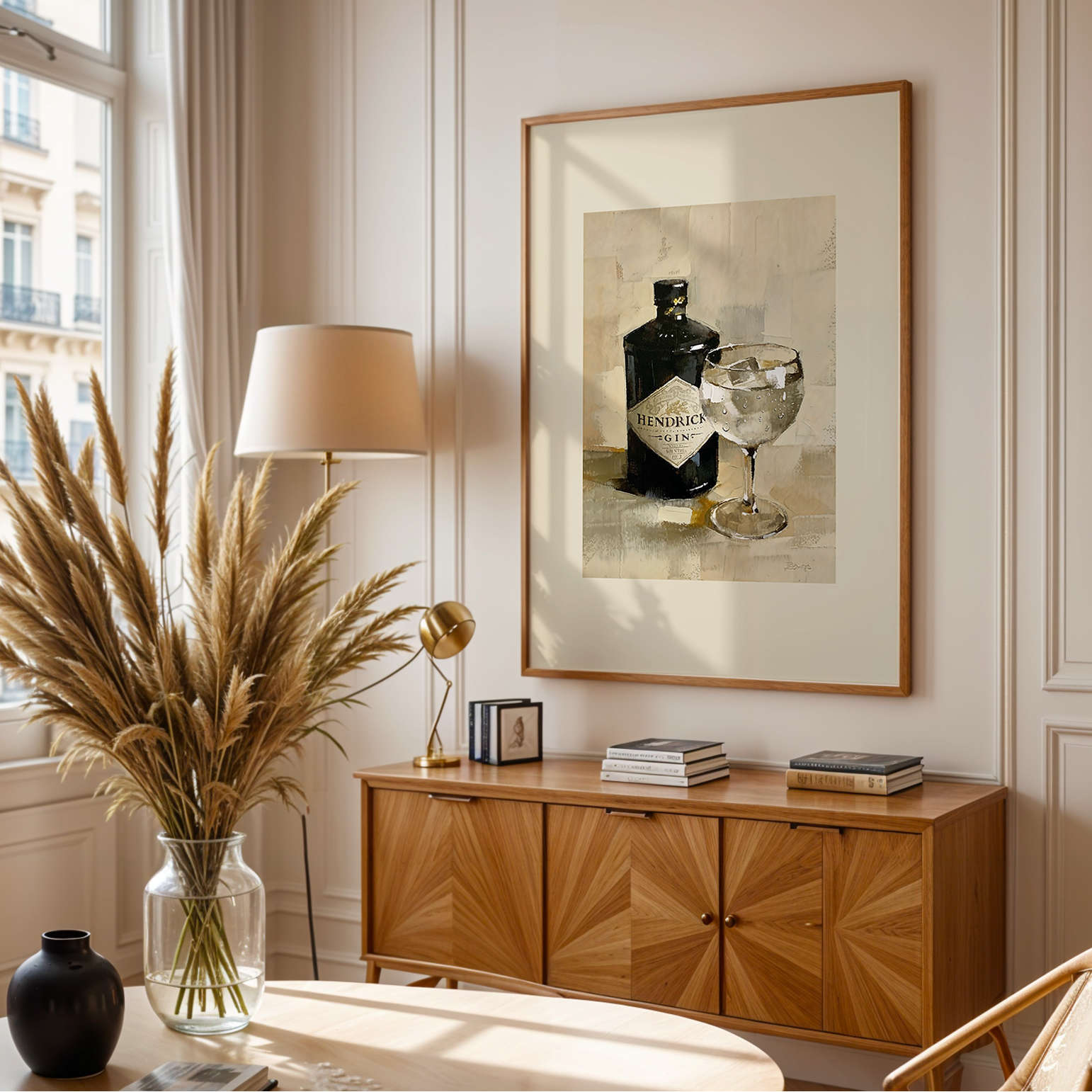 Living room with wooden cabinet, framed artwork, and decorative items.