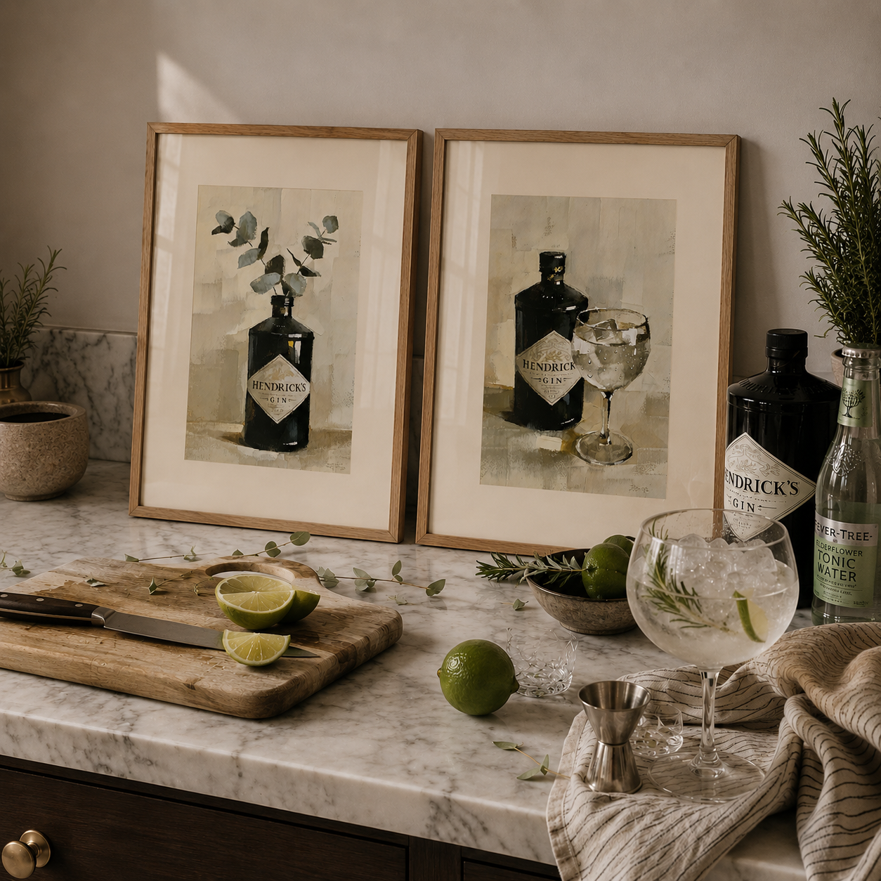 Two framed pictures of bottles and glasses on a kitchen counter with limes and a cutting board.