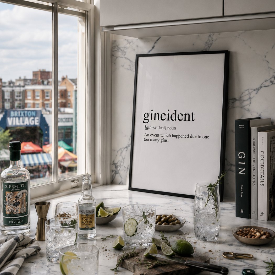 Gin bottles, glasses, and garnishes on a marble countertop with a framed definition of 'incident' on the wall.