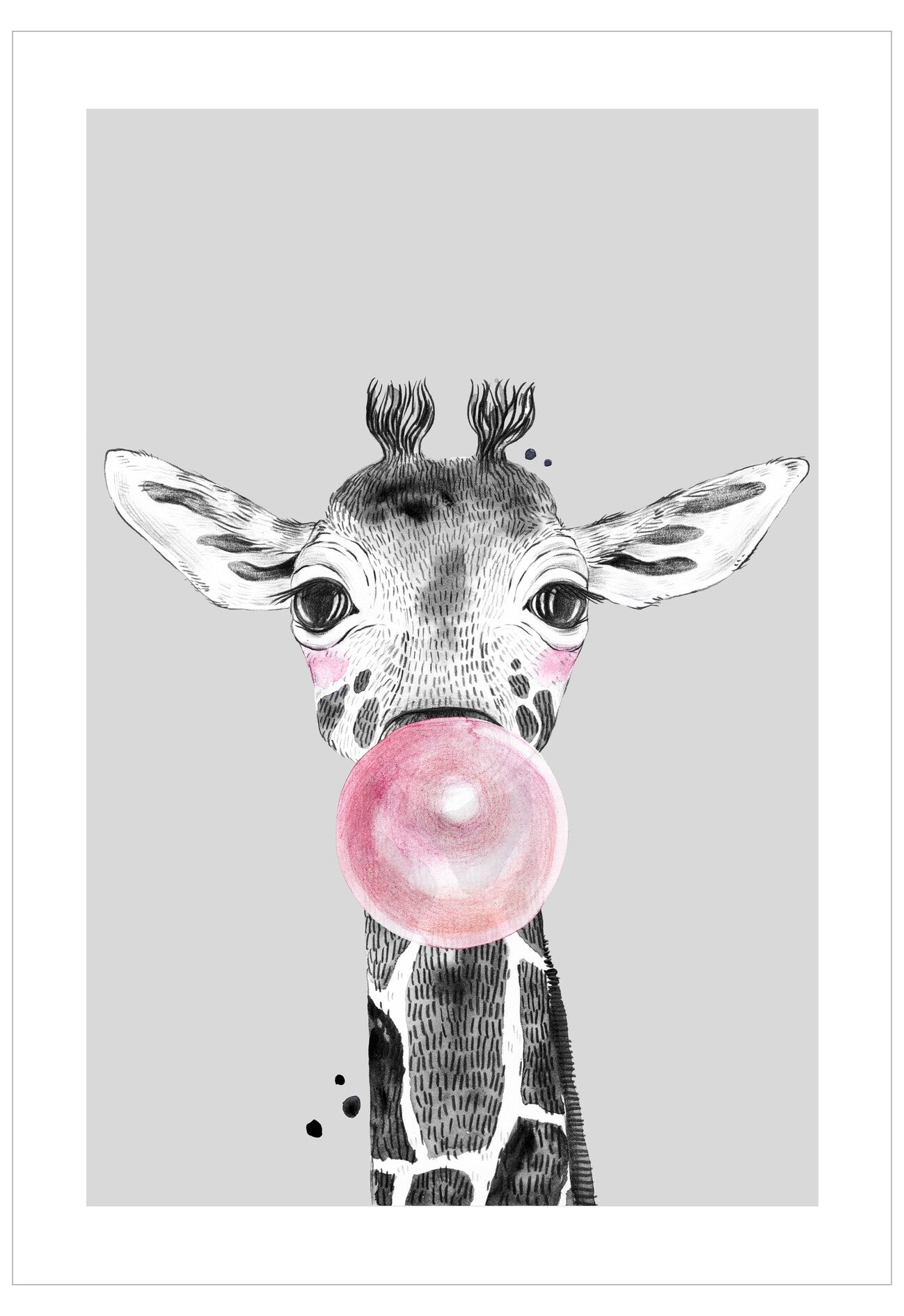 Illustration of a giraffe blowing a pink bubble on a gray background