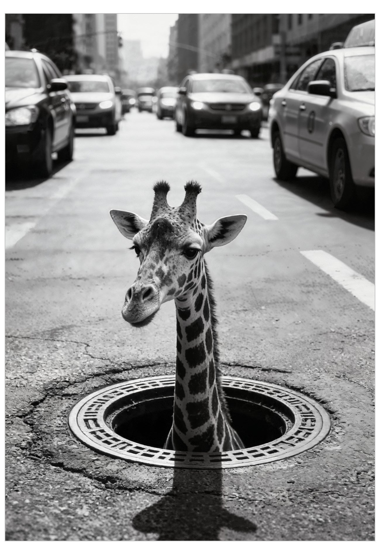 Giraffe sticking its head out of a manhole on a new york city street with cars and buildings in the background.