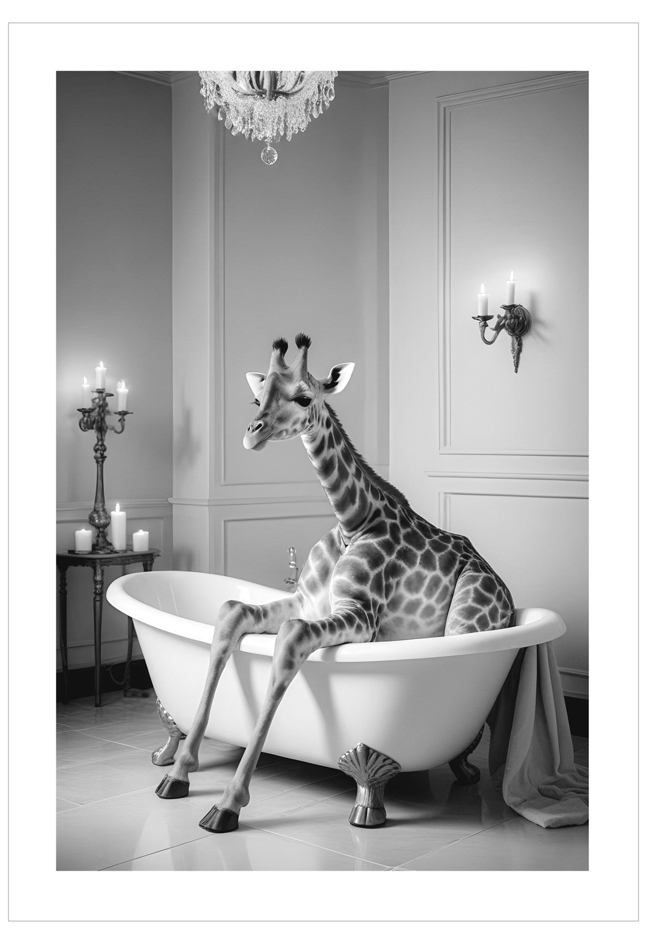 Giraffe inside a bathtub in an elegant room with candles and chandelier.