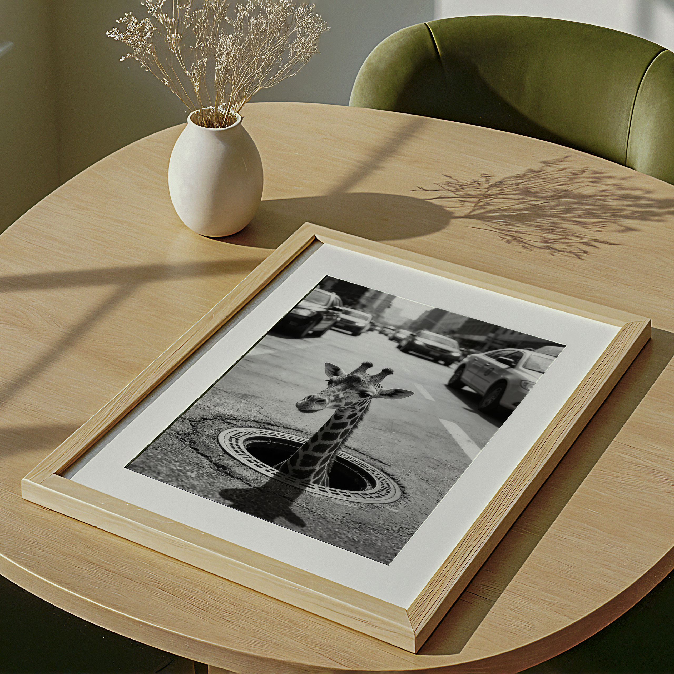 Round wooden table with a framed photograph and a vase, surrounded by green chairs in a bright room.