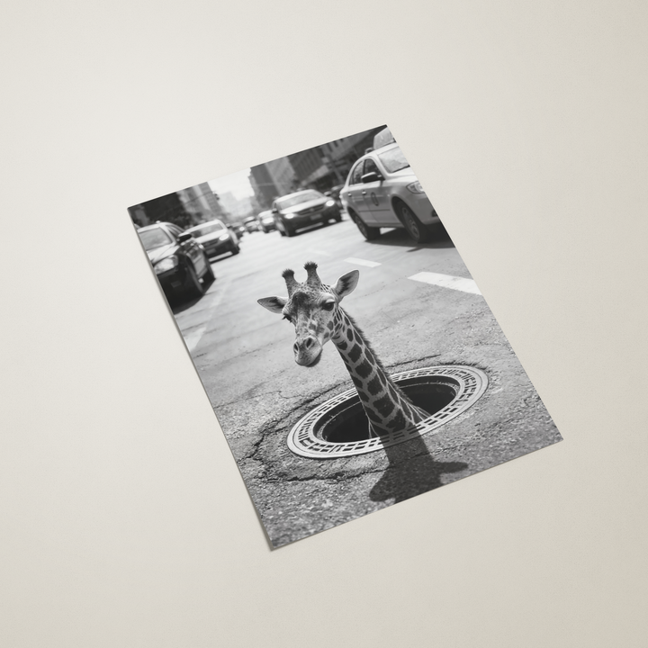 Giraffe standing on a road with vehicles in the background, printed on paper.
