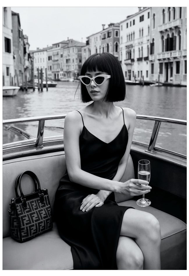 Woman in a black dress sitting on a boat in Venice, holding a glass of champagne.