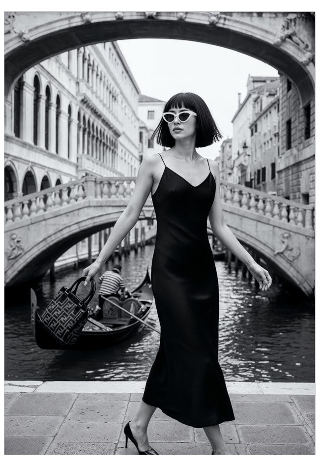 Woman in a black dress standing in front of a bridge over a canal in Venice.