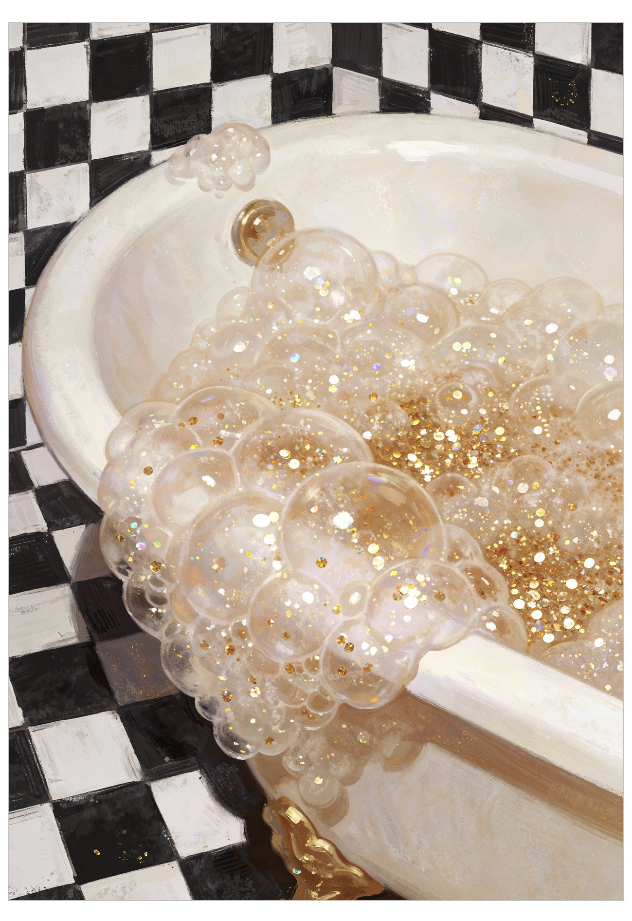Bath filled with clear bubbles and gold glitter on a checkered black and white floor.