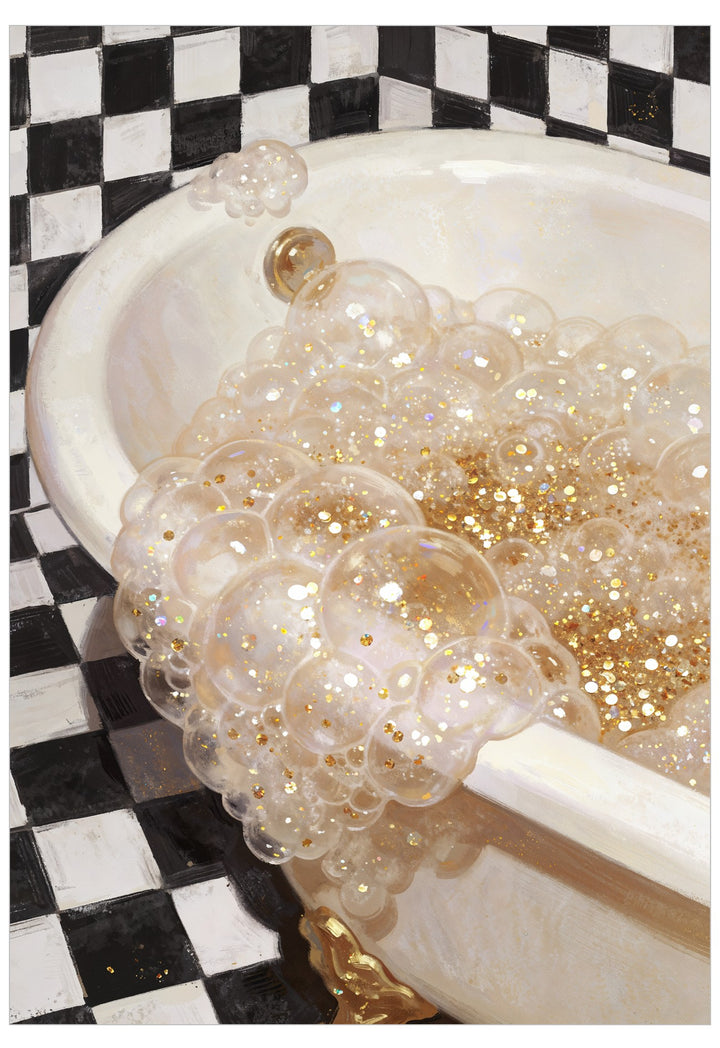 Bath filled with clear bubbles and gold glitter on a checkered black and white floor.