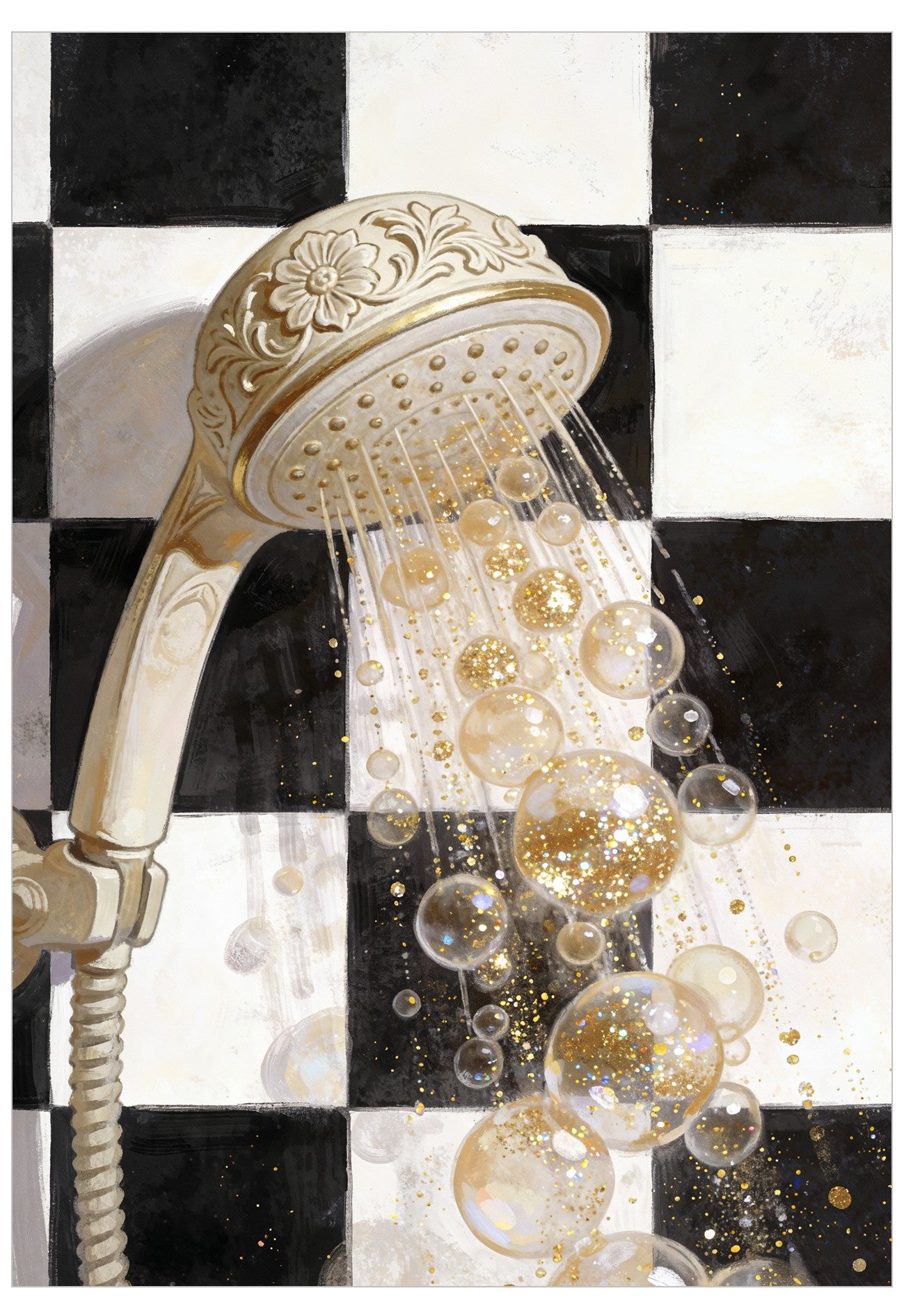 Decorative shower head with water and bubbles against a black and white checkered background