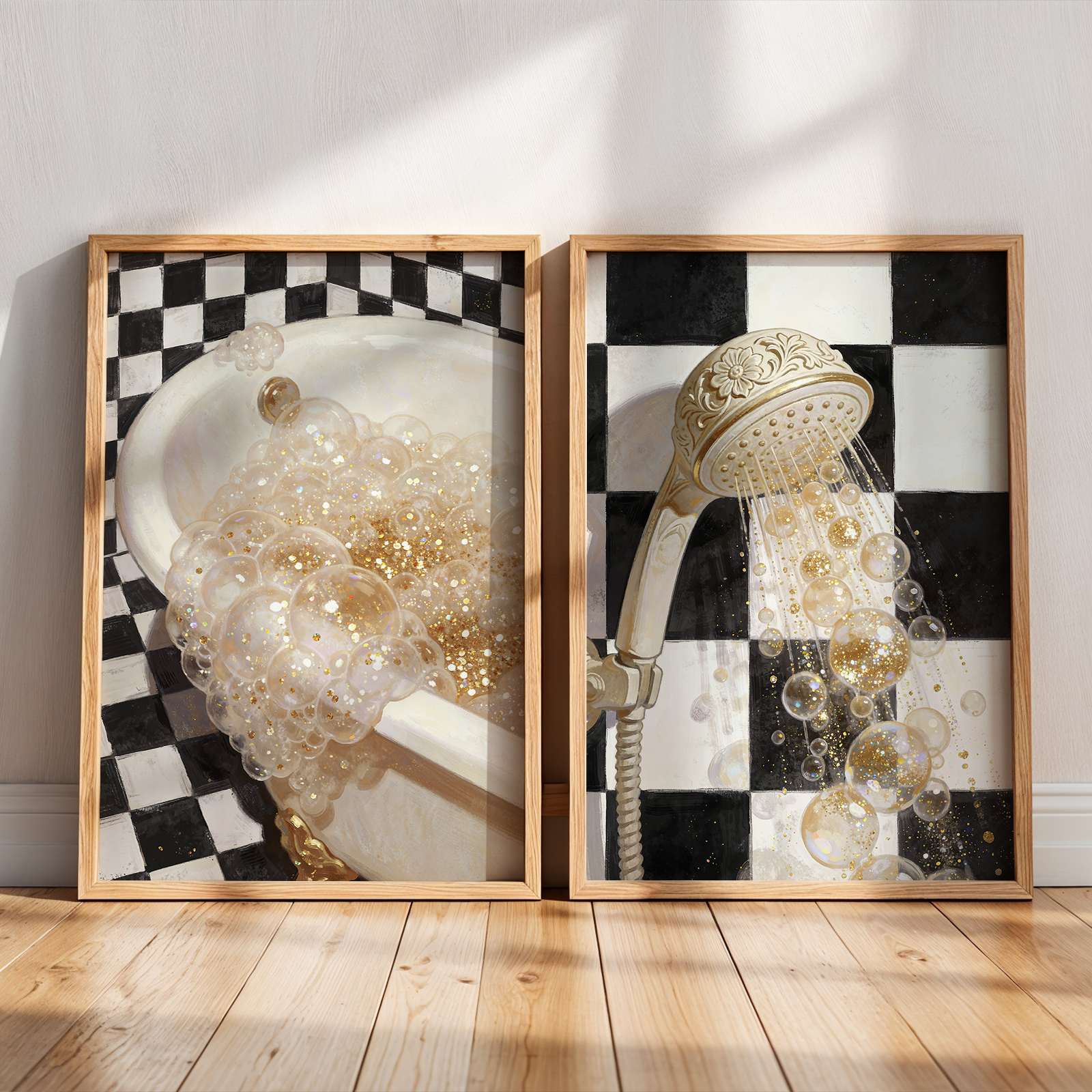 Two framed artworks of a shower head and bathtub with checkered border on a wall.