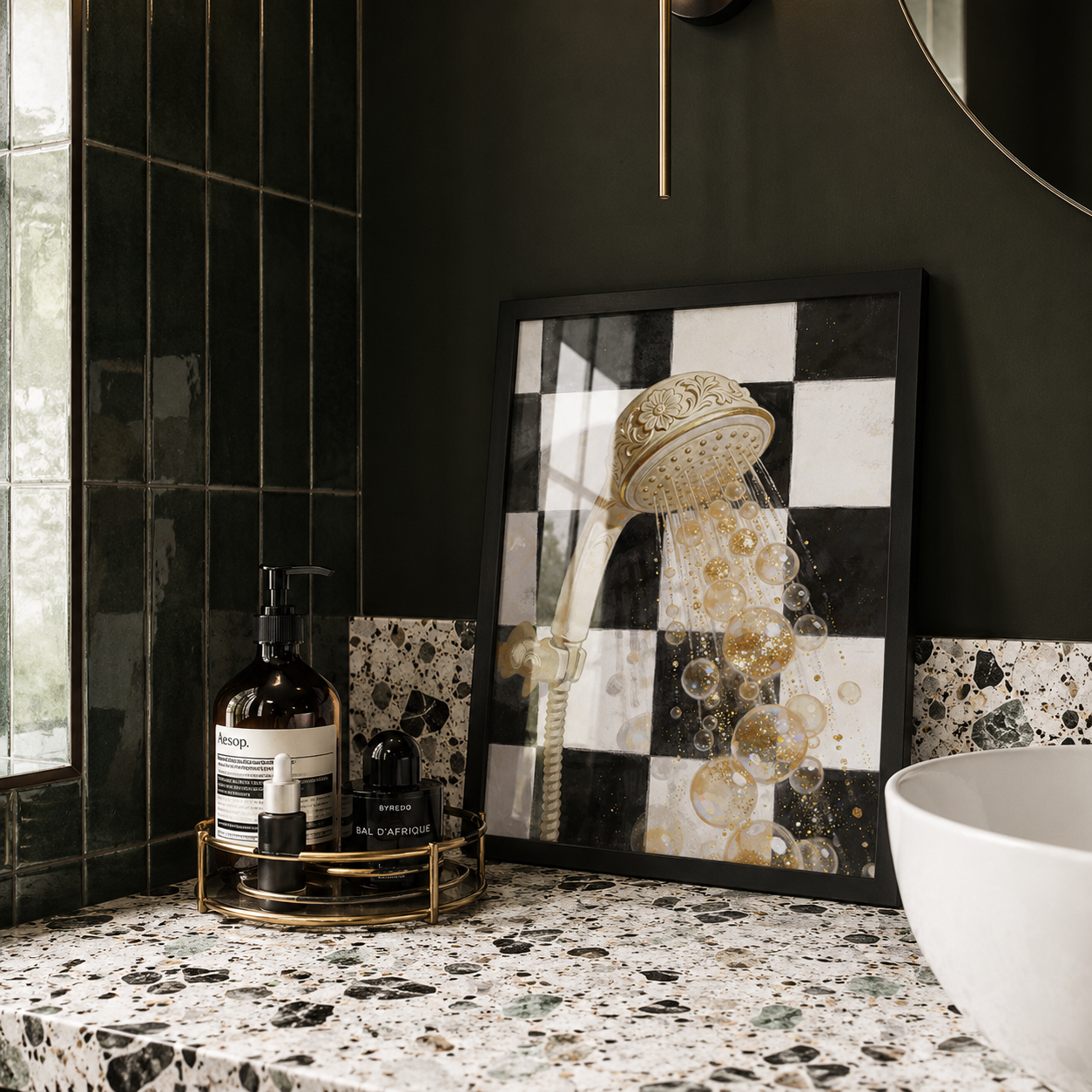 Stylish illustrated bathroom wall art in dark and moody bathroom