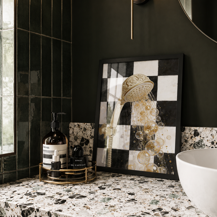 Stylish illustrated bathroom wall art in dark and moody bathroom