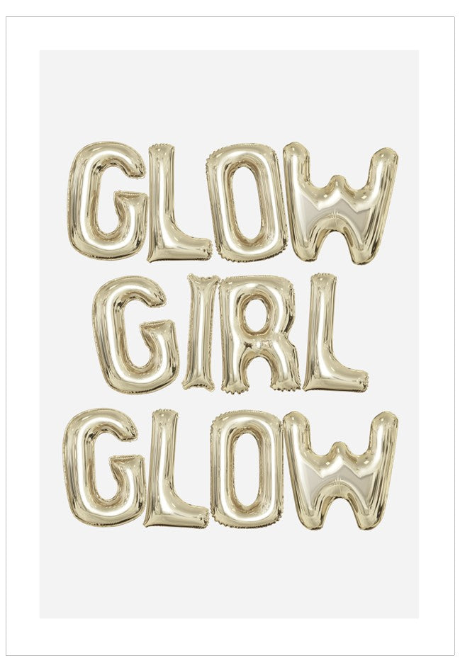 Gold foil balloons spelling 'GLOW GIRL GLOW' on a white background