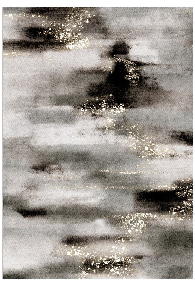 Abstract black and white artwork with a blurred figure and sparkling elements