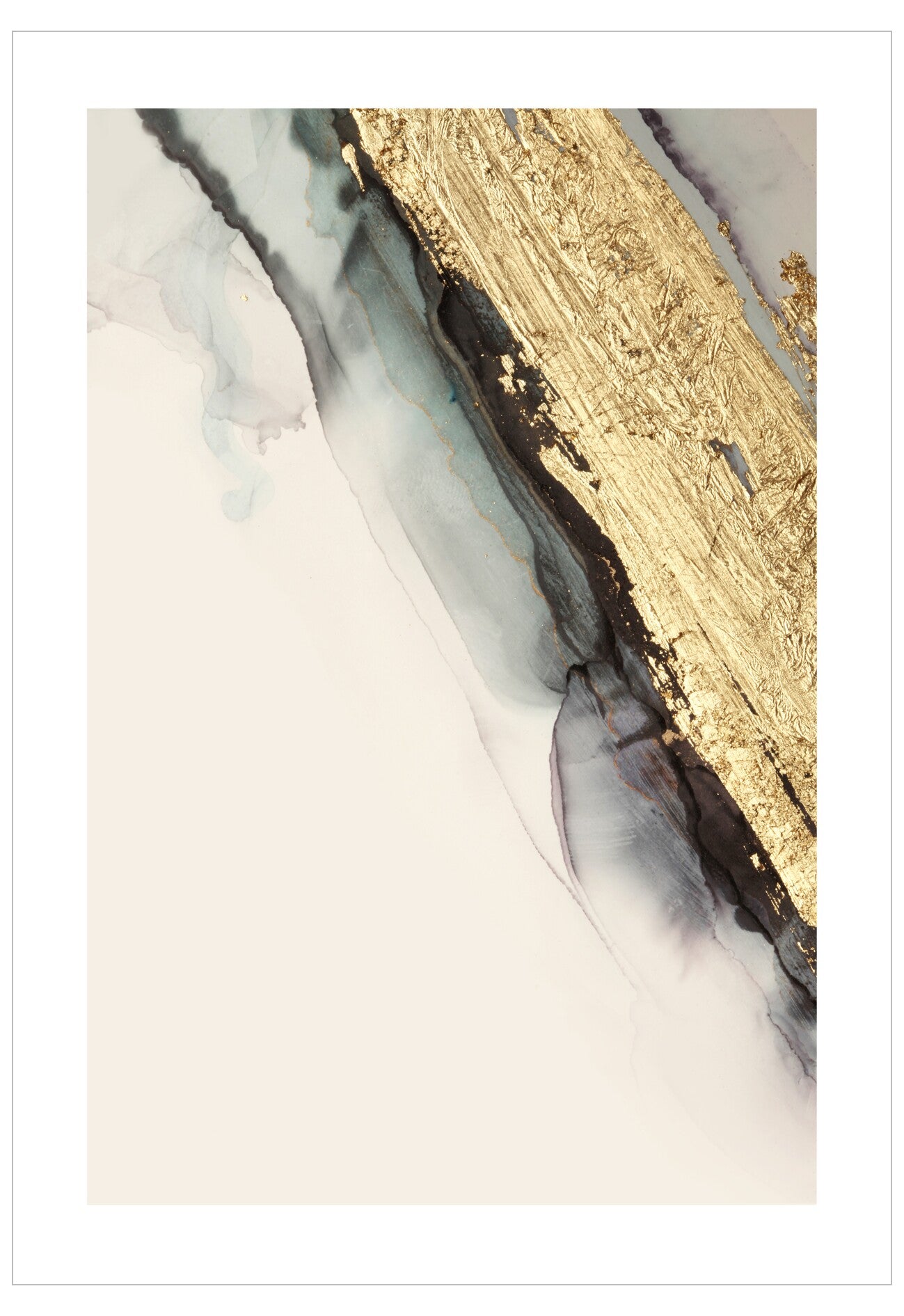 Abstract art piece with gold and black streaks on a white background