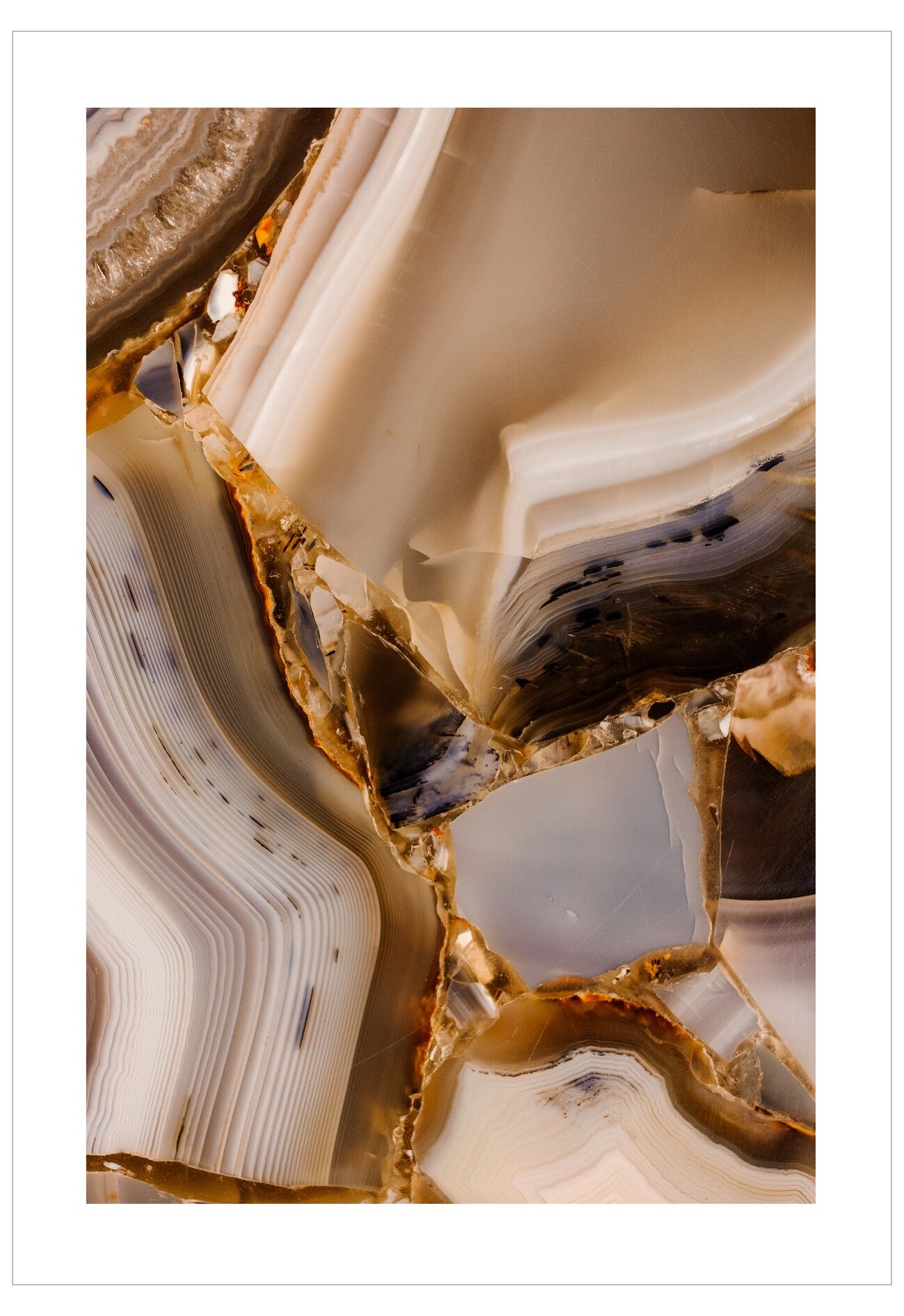 Close-up of a layered agate stone with brown and beige colors.