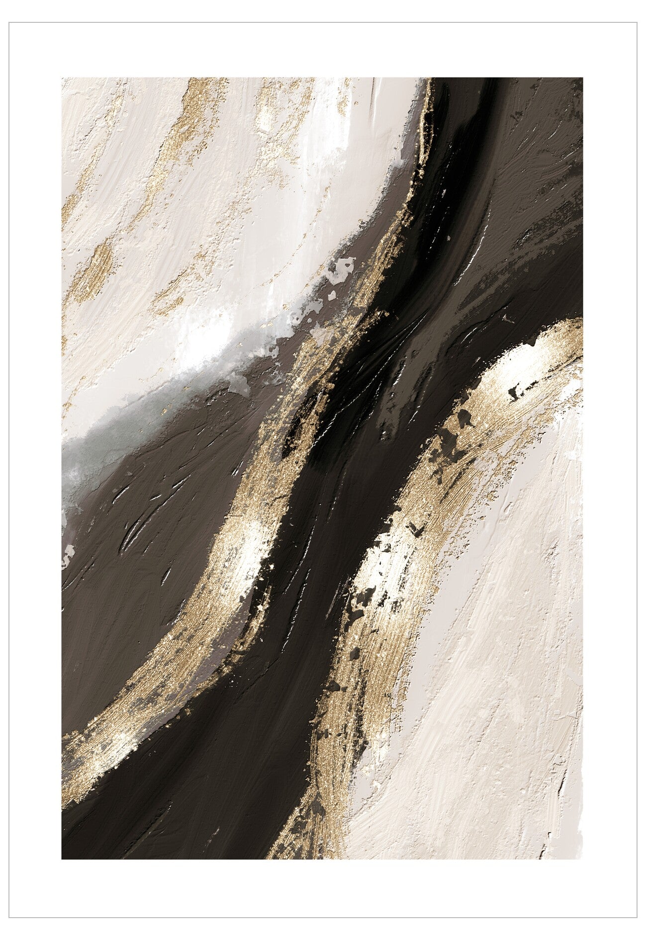 Abstract art with flowing black, gold, and white colors on a white background