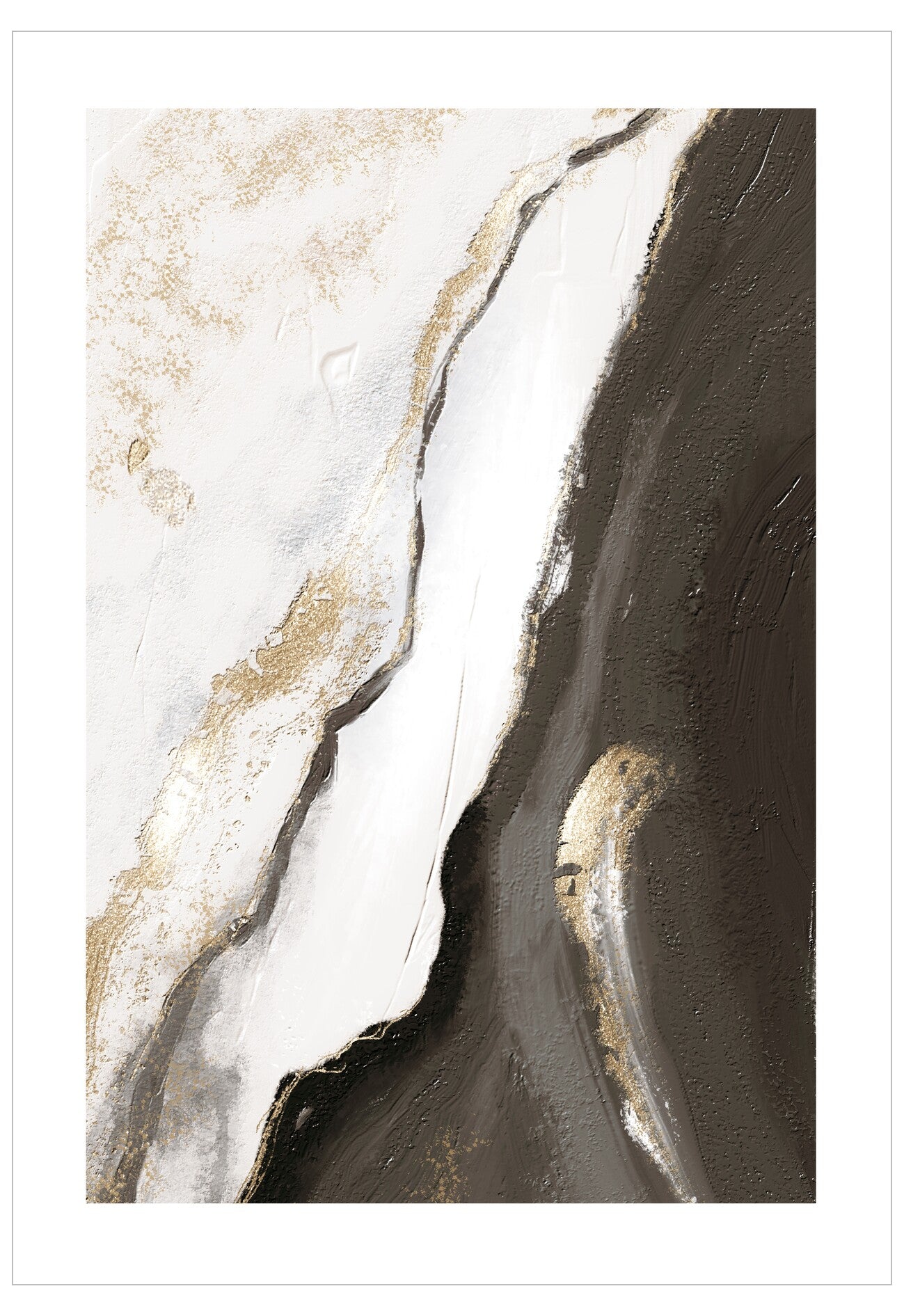 Abstract art print with brown, white, and gold colors on a white background