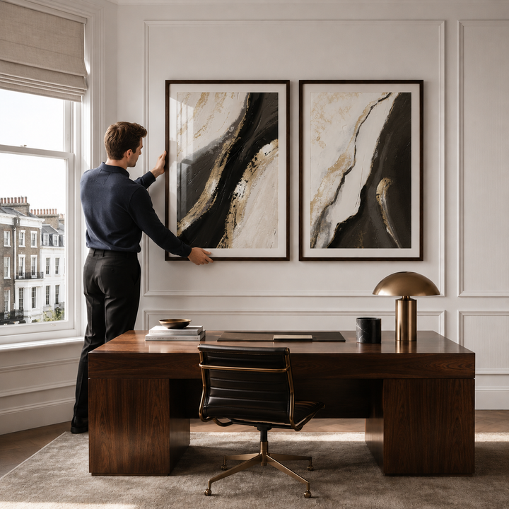 Man arranging abstract art in a stylish office setting with a wooden desk and chair.