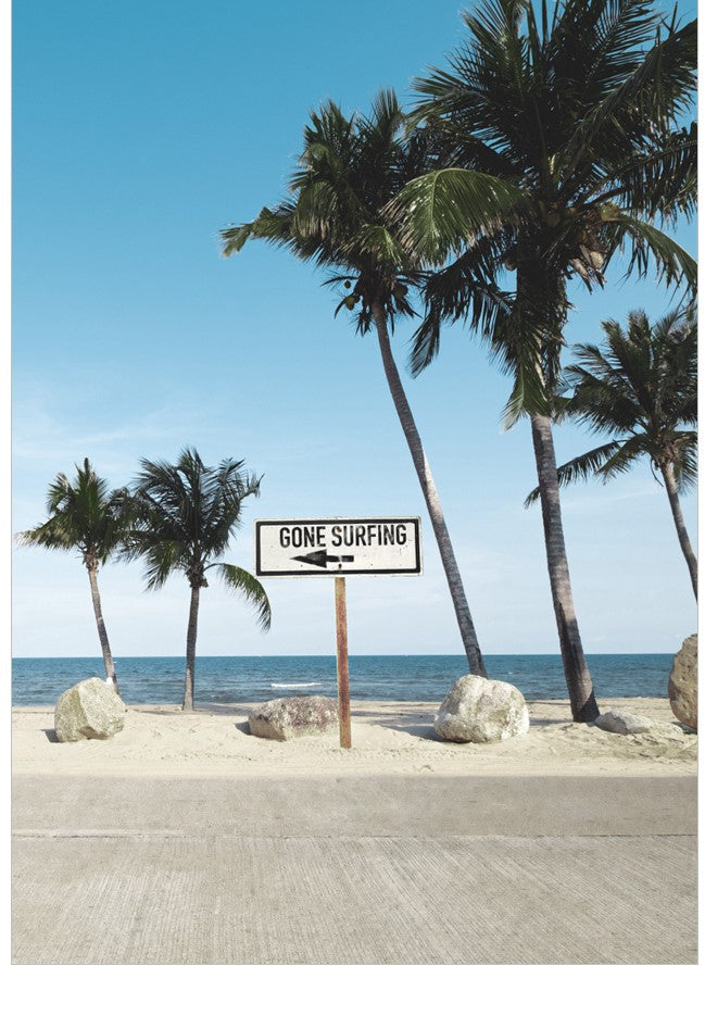 Beach scene with palm trees and a 'Gone Surfing' sign.