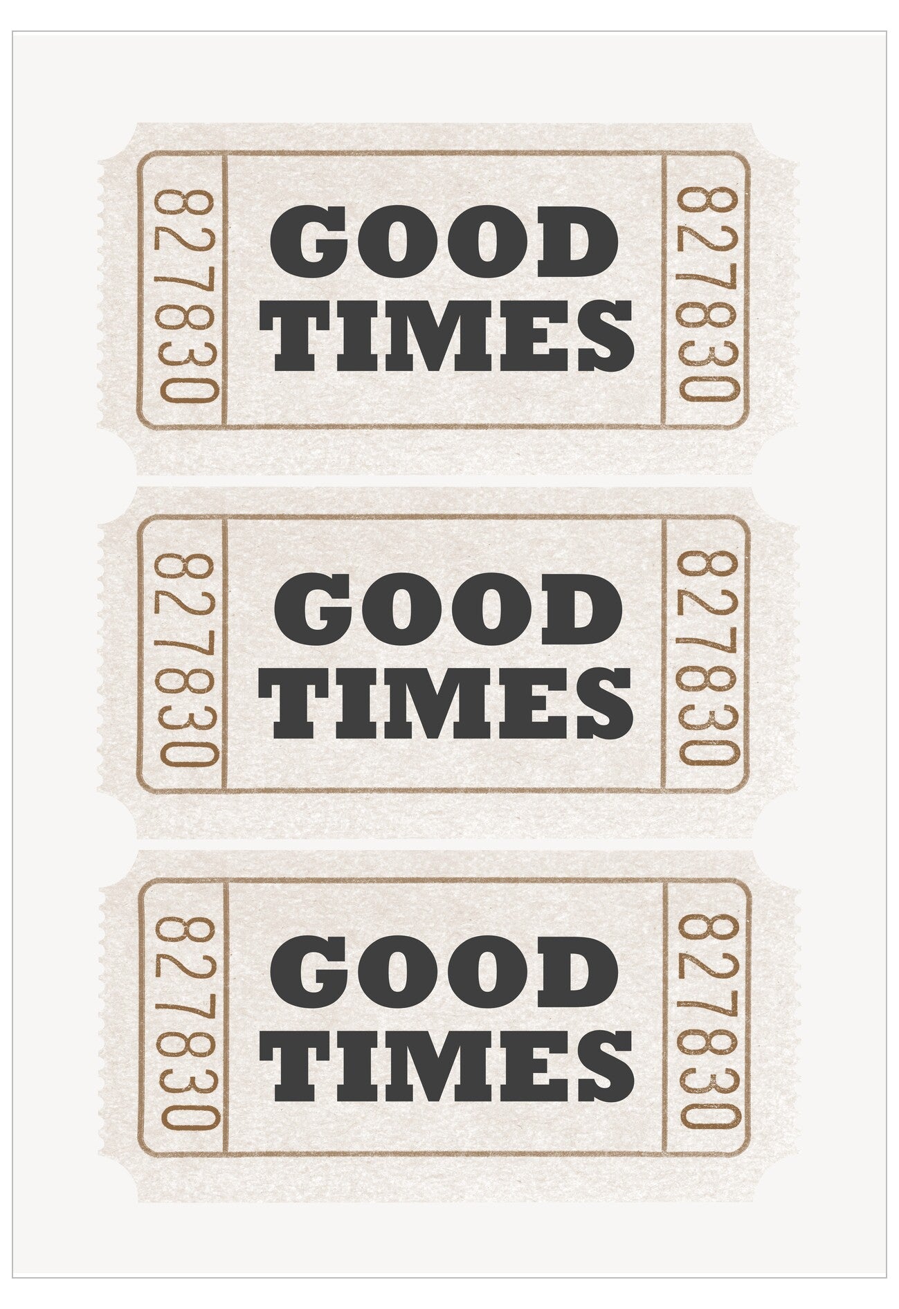 Three 'Good Times' tickets with a vintage design on a white background