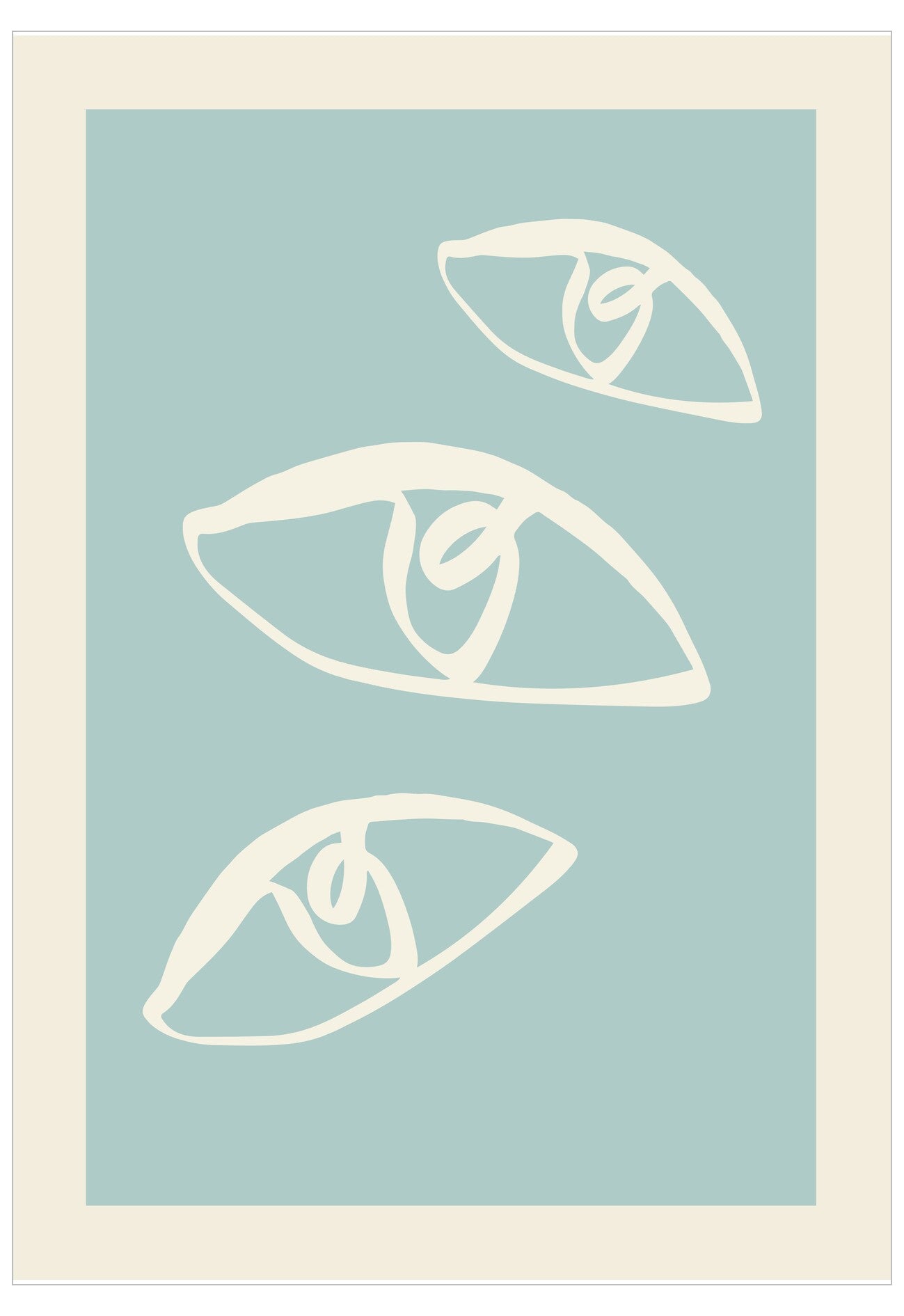 Framed artwork with white line drawings of eyes on a light blue background