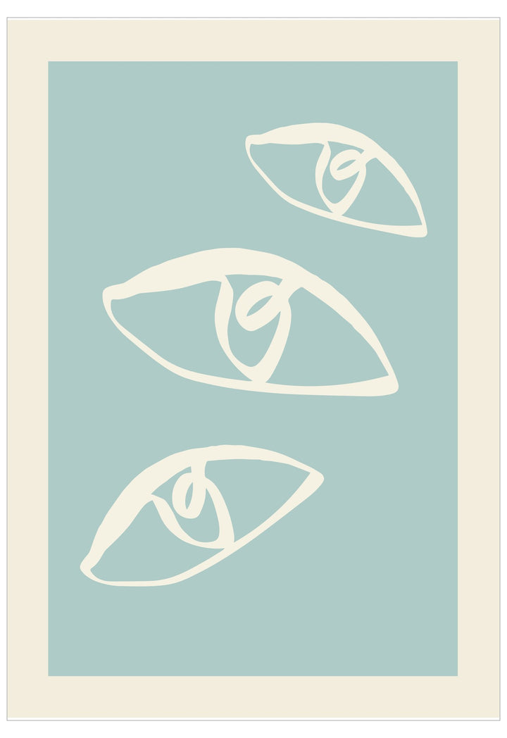 Framed artwork with white line drawings of eyes on a light blue background