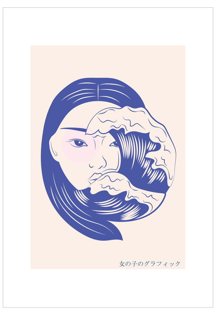 Stylized illustration of a face with blue hair and face on a beige background