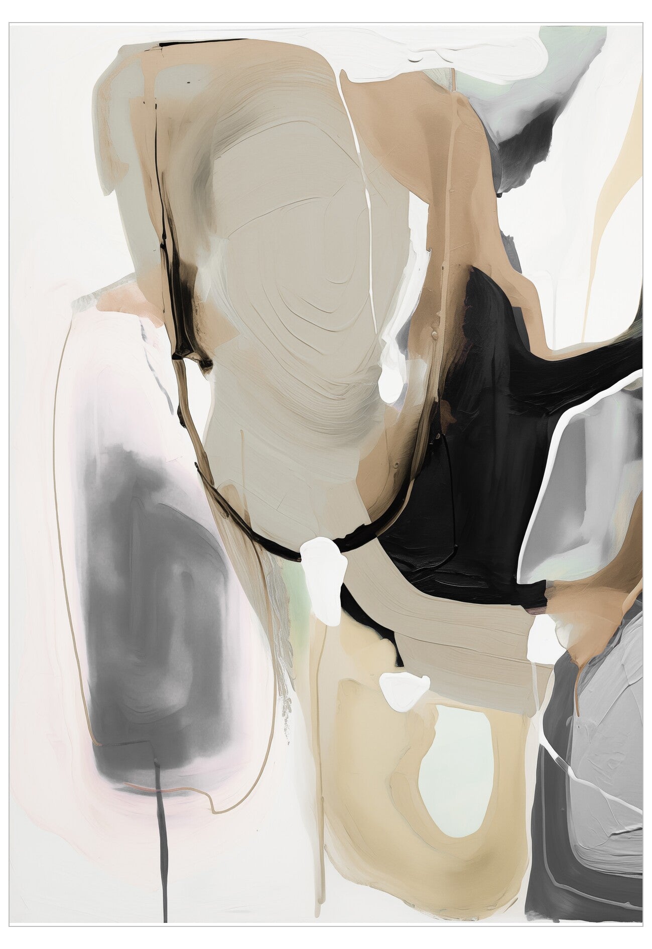 Abstract art piece with beige, black, and gray shapes on a white background