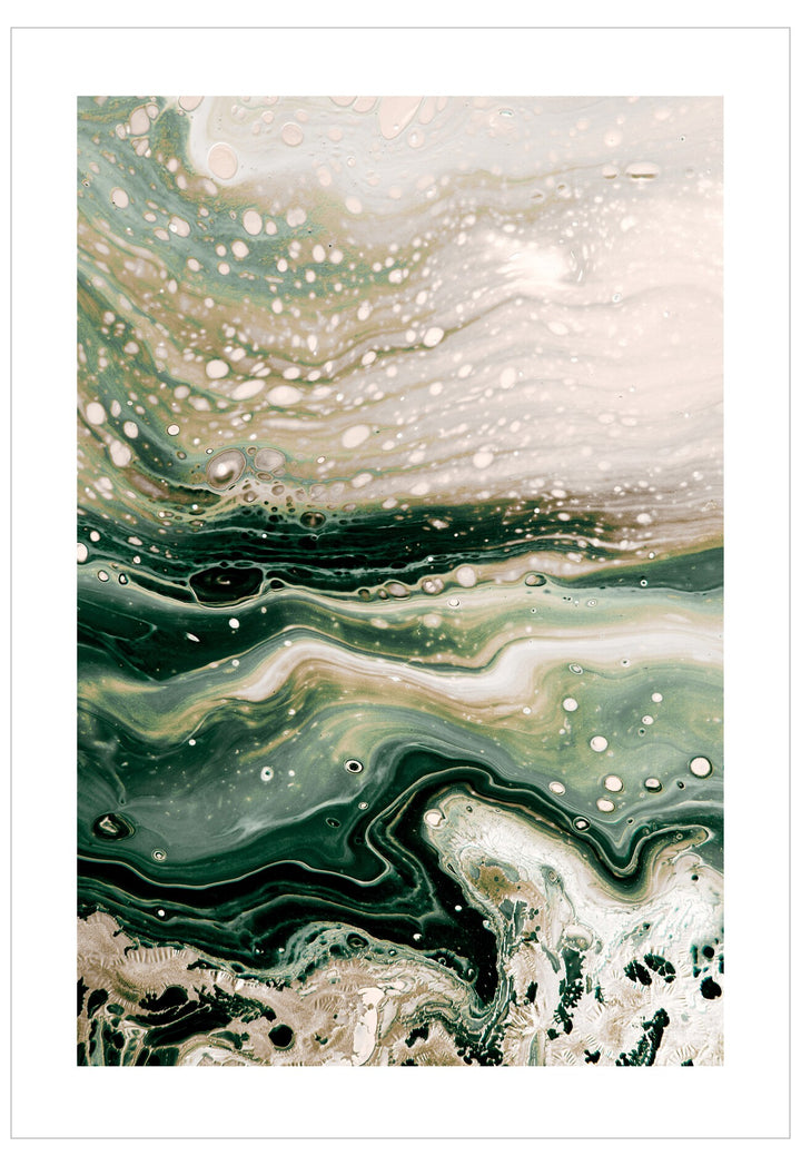Abstract art print with wavy green and beige patterns on a white background