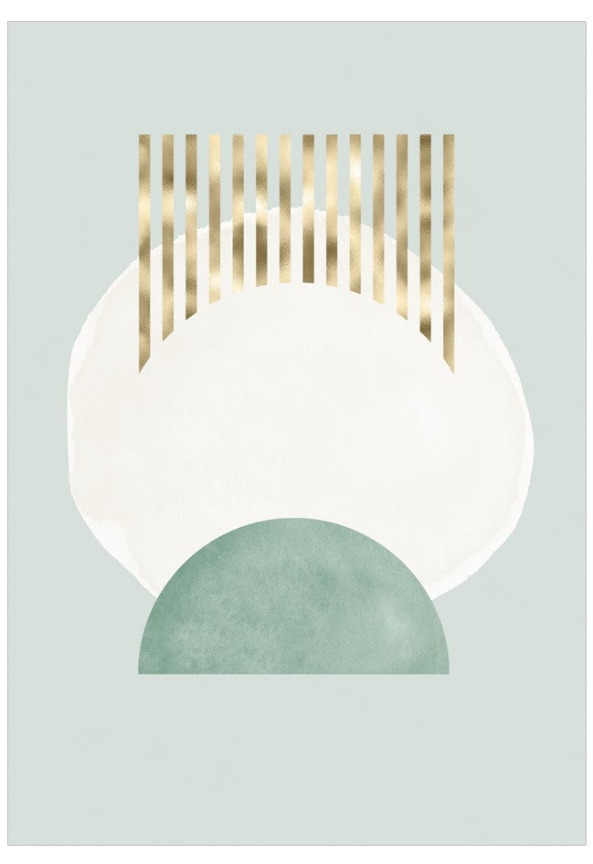 Geometric design with gold vertical bars and a green half-circle on a light blue background