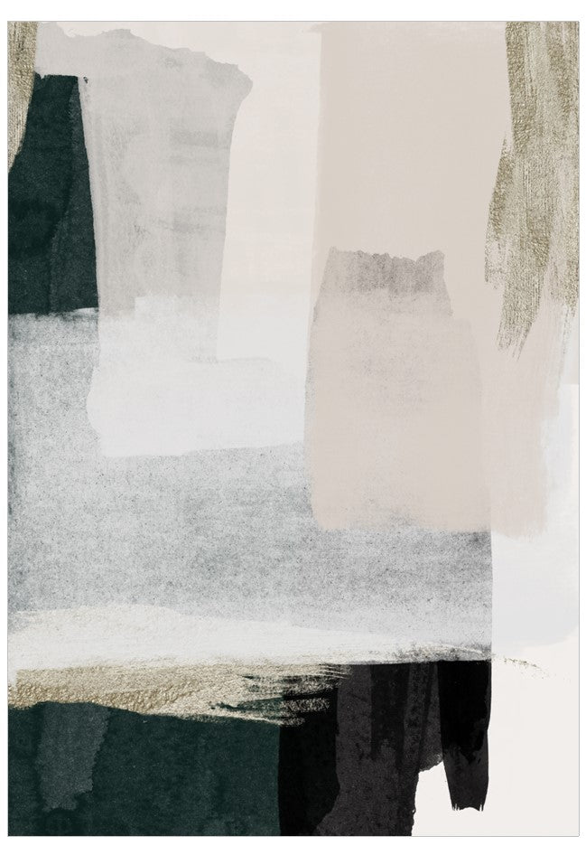 Abstract art piece with geometric shapes in black, white, and gray on a white background