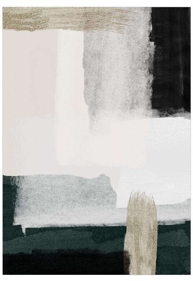 Abstract art piece with geometric shapes in black, white, and beige.