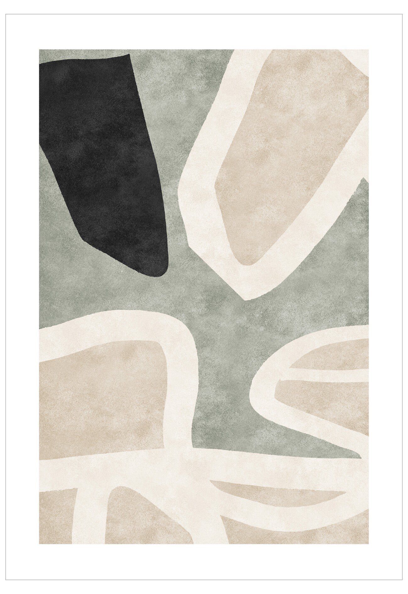 Abstract geometric rug with black, beige, and gray shapes on a light green background