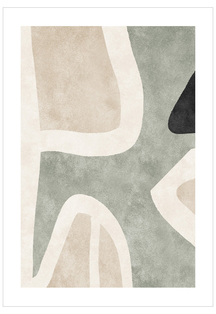 Abstract art print with geometric shapes in beige, gray, and black on a white background
