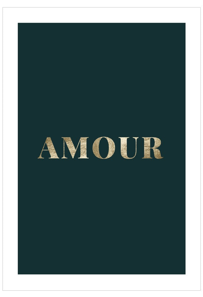 Dark green background with 'AMOUR' text in gold