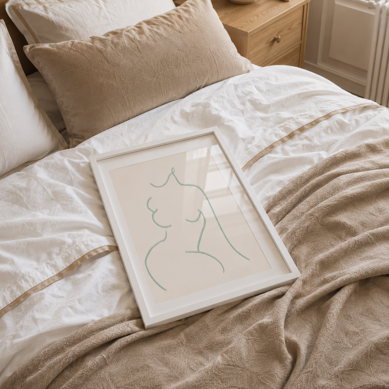 Framed artwork on a bed with beige and white bedding